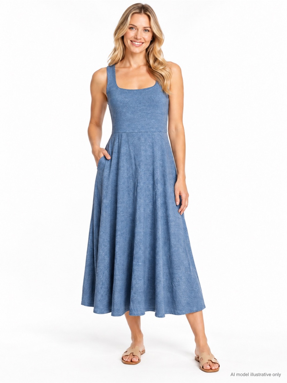 Quince Flowknit Breeze Dress L Blue Midi Fit & Flare Pockets Soft Stretch Travel